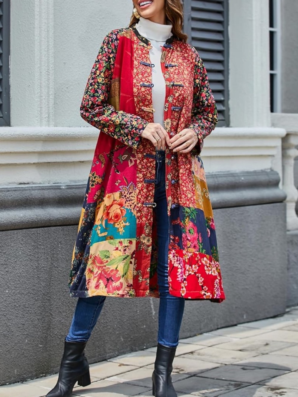 🎨NFYM Bohemian Multi-colour Patchwork Floral Duster Trench Coat, Sz XL NWT